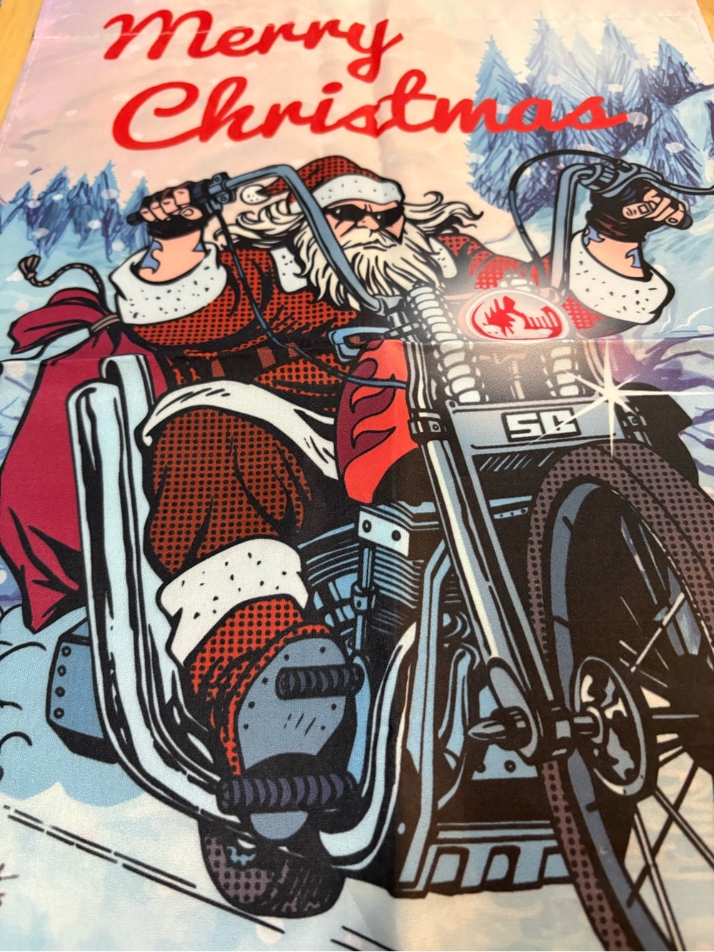 Santa on motorcycle garden flag 12 x 18 inches never put outside